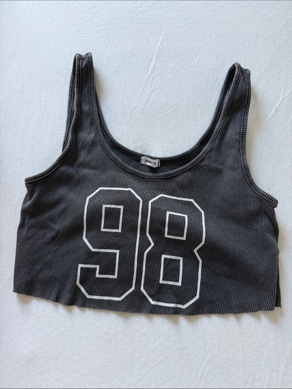 Garage Charcoal Ribbed Crop Tank with White '98 Graphic